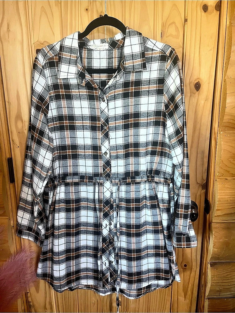 Ultra Flirt Plaid Button Down Dress White & Black XL